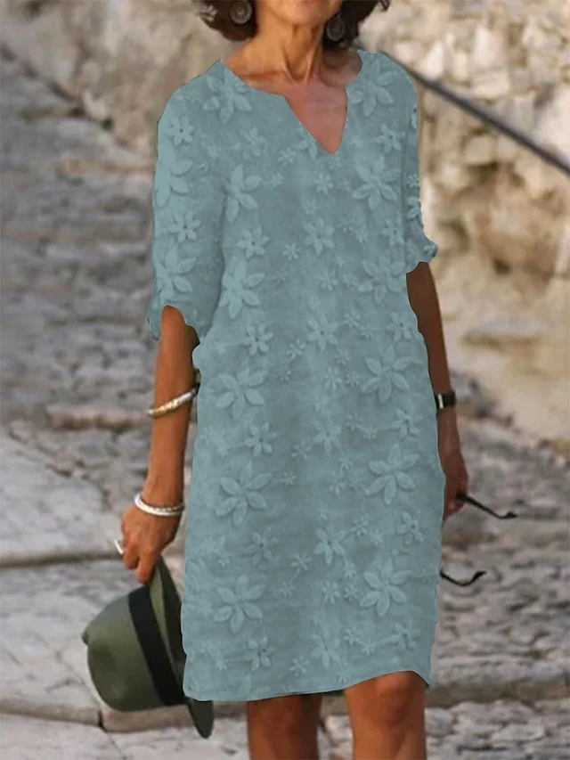 Women's Cotton Linen Dress Casual Dress Shift Dress Midi Dress Cotton Fashion Modern Outdoor Daily Vacation V Neck Print Half Sleeve Summer Spring 2023 Loose Fit White Blue Green Flower S M L XL 2XL 3 Women's Cotton Linen Dress Casual Dress Shift Dress Midi Dress Cotton Fashion Modern Outdoor Daily Vacation V Neck Print Half Sleeve Summer Spring 2023 Loose Fit White Blue Green Flower S M L XL 2XL - Image 3