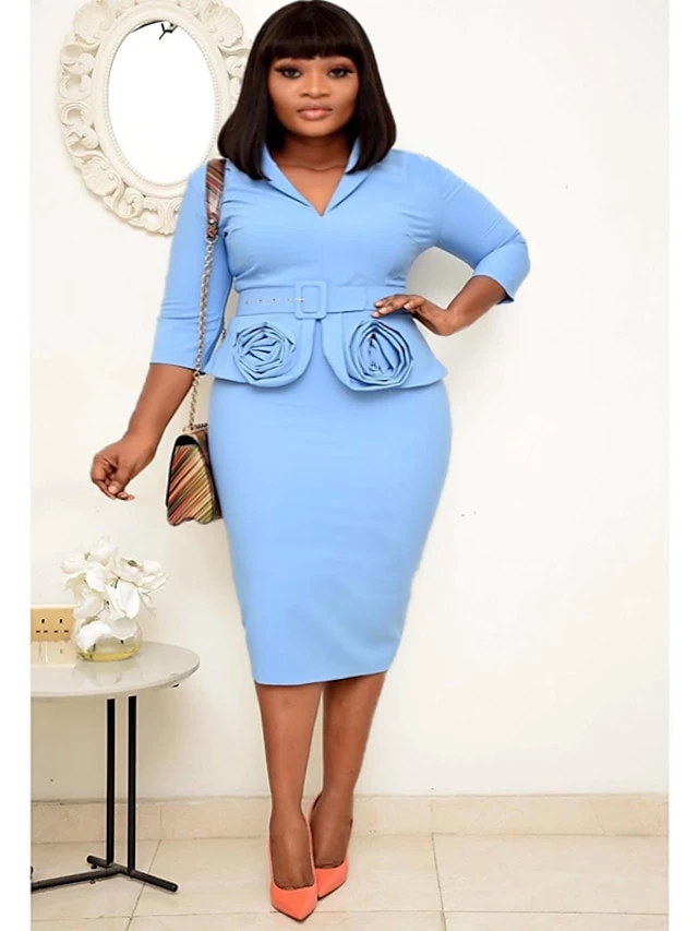 Women‘s Plus Size Curve Easter Dress Work Dress Solid Color Shirt Collar 3/4 Length Sleeve Spring Fall Work Elegant Casual Knee Length Dress Formal Dress 2 Women‘s Plus Size Curve Easter Dress Work Dress Solid Color Shirt Collar 3/4 Length Sleeve Spring Fall Work Elegant Casual Knee Length Dress Formal Dress - Image 2