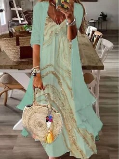Women's Two Piece Dress Set Casual Dress Print Dress Outdoor Daily Fashion Streetwear Print Long Dress Maxi Dress V Neck Half Sleeve Ombre Marble Print Loose Fit Green Summer Spring S M L XL XXL