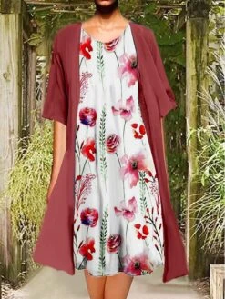 Women's Two Piece Dress Set Casual Dress Print Dress Outdoor Daily Fashion Elegant Print Midi Dress Crew Neck 3/4 Length Sleeve Floral Regular Fit Wine Blue Green Summer Spring S M L XL XXL -HAYz Clothing Shop rfvzap1681727801896