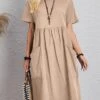 Women's Casual Dress Cotton Linen Dress Midi Dress Linen / Cotton Blend Basic Classic Outdoor Daily Vacation Crew Neck Pocket Short Sleeve Summer Spring 2023 Regular Fit Pink Navy Blue Brown Plain S
