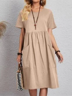 Women's Casual Dress Cotton Linen Dress Midi Dress Linen / Cotton Blend Basic Classic Outdoor Daily Vacation Crew Neck Pocket Short Sleeve Summer Spring 2023 Regular Fit Pink Navy Blue Brown Plain S