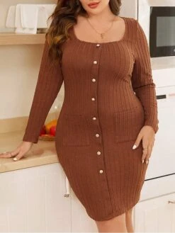 Women's Plus Size Party Dress Cocktail Dress Bodycon Mini Dress Brown Long Sleeve Pure Color Button Fall Winter Autumn Square Neck Fashion Winter Dress Vacation Fall Dress 2023 XL XXL 3XL -HAYz Clothing Shop rfzcxg1693297315660