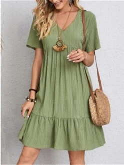 Women's Casual Dress Cotton Linen Dress Swing Dress Mini Dress Polyester Basic Classic Outdoor Daily Vacation V Neck Ruffle Short Sleeve Summer Spring 2023 Regular Fit Black Pink Red Plain S M L XL -HAYz Clothing Shop rgfecg1690357007948