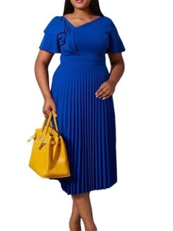Women‘s Plus Size Curve Party Dress Solid Color V Neck Ruched Short Sleeve Fall Spring Work Prom Dress Maxi Long Dress Party Holiday Dress Ruffle -HAYz Clothing Shop rgfmme1648636999684