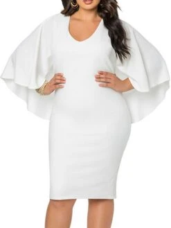 Women‘s Plus Size Curve Work Dress Sheath Dress Formal Dress Floral Midi Dress 3/4 Length Sleeve Ruffle V Neck Elegant Office Black White Spring Summer L XL XXL 3XL