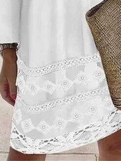 Women's Cotton Linen Dress Casual Dress Midi Dress Cotton Blend Fashion Basic Outdoor Daily Vacation Deep V Lace Patchwork Long Sleeve Summer Spring Fall 2023 Loose Fit White Plain S M L XL 2XL -HAYz Clothing Shop rgxyet1681211720951