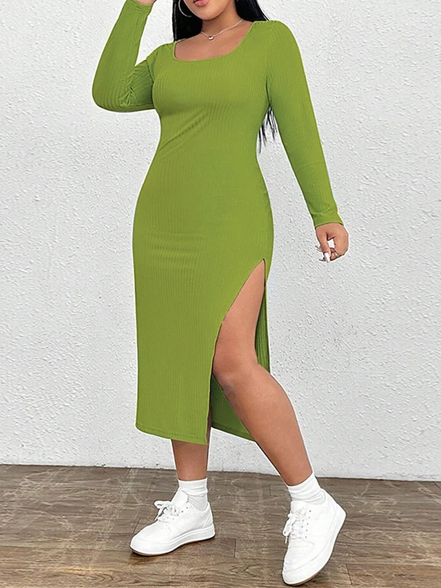 Women‘s Plus Size Curve Party Dress Cocktail Dress Wedding Guest Dress Midi Dress Green Long Sleeve Pure Color Split Spring Fall Winter Crew Neck Fashion Birthday Wedding Guest Vacation 2023 2 Women‘s Plus Size Curve Party Dress Cocktail Dress Wedding Guest Dress Midi Dress Green Long Sleeve Pure Color Split Spring Fall Winter Crew Neck Fashion Birthday Wedding Guest Vacation 2023 - Image 2