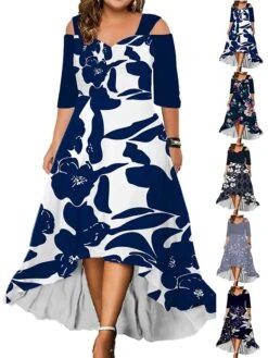Women‘s Plus Size Curve Casual Dress Graphic Floral Long Dress Maxi Dress Half Sleeve Print V Neck Fashion Daily Black Blue Summer Spring L XL XXL 3XL 4XL