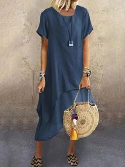 Women's Casual Dress Cotton Linen Dress A Line Dress Midi Dress Cotton Blend Basic Modern Outdoor Daily Crew Neck Ruffle Layered Short Sleeve Summer Spring 2023 Loose Fit Blue Green Gray Plain S M L -HAYz Clothing Shop rhomio1683603772349