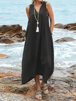 Women's Casual Dress Cotton Dress Swing Dress Maxi Long Dress Cotton Blend Basic Classic Outdoor Daily V Neck Pocket Sleeveless Summer Spring 2023 Regular Fit Black Wine Khaki Plain S M L XL 2XL -HAYz Clothing Shop rhoyam1686713211561