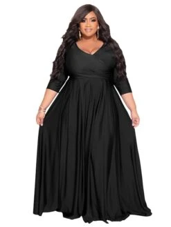 Women‘s Plus Size Curve Party Dress Solid Color V Neck Ruched Long Sleeve Winter Fall Stylish Elegant Maxi Long Dress Formal Party Dress
