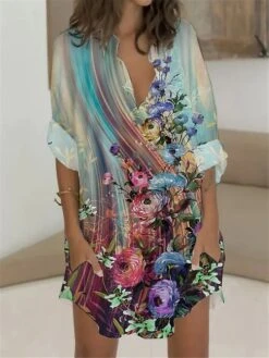 Women's Shirt Dress Casual Dress Shift Dress Mini Dress Outdoor Daily Vacation Polyester Fashion Casual Stand Collar Button Pocket Long Sleeve Summer Spring Fall 2023 Regular Fit Red Blue Green Floral