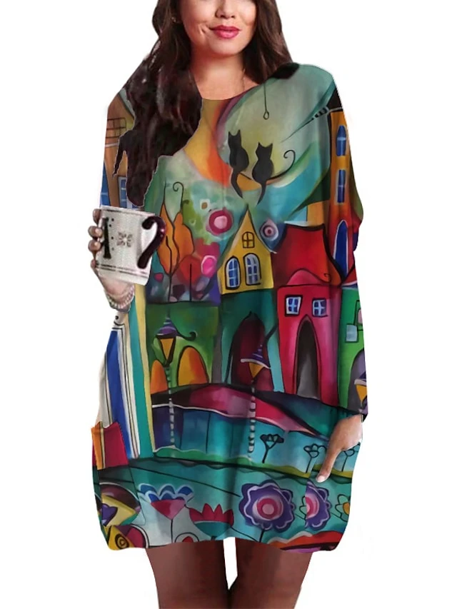 Women‘s Plus Size Curve Holiday Dress Graphic Crew Neck Print Long Sleeve Fall Spring Basic Short Mini Dress Casual Daily DressRegular Fit 1 Women‘s Plus Size Curve Holiday Dress Graphic Crew Neck Print Long Sleeve Fall Spring Basic Short Mini Dress Casual Daily DressRegular Fit