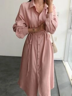 Women's Shirt Dress Casual Dress Cotton Linen Dress Midi Dress Cotton Blend Basic Classic Outdoor Daily Vacation Shirt Collar Button Long Sleeve Spring Fall Autumn 2023 Loose Fit Pink Plain S M L XL