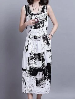 Women's Two Piece Dress Set Casual Dress Cotton Linen Dress Daily Holiday Fashion Streetwear Pocket Drawstring Midi Dress Crew Neck Long Sleeve Painting Print Loose Fit Black Dark Blue Fall Winter M -HAYz Clothing Shop rifjod1694068676945