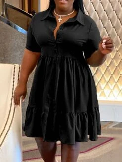 Women‘s Plus Size Curve Shirt Dress Solid Color Shirt Collar Ruffle Half Sleeve Spring Summer Casual Knee Length Dress Daily Holiday Dress -HAYz Clothing Shop rigfct1656491036611
