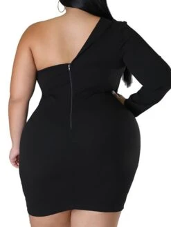 Women‘s Plus Size Curve Party Dress Solid Color One Shoulder Long Sleeve Fall Winter Formal Knee Length Dress Party Date Dress -HAYz Clothing Shop rirhwy1658995288830