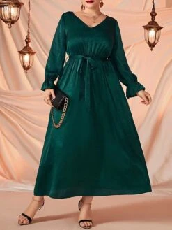 Women's Plus Size Curve Prom Dress Party Dress Wedding Guest Dress Long Dress Maxi Dress Green Long Sleeve Pure Color Lace Up Fall Winter Autumn V Neck Fashion Evening Party Wedding Guest -HAYz Clothing Shop rismwf1693210706432
