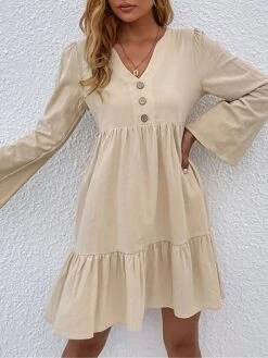 Women's Casual Dress Cotton Linen Dress Mini Dress Linen / Cotton Blend Basic Classic Outdoor Daily Vacation Split Neck Ruffle Button Long Sleeve Fall Winter Autumn 2023 Loose Fit Apricot Plain S M L -HAYz Clothing Shop rixonr1695014844859