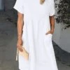 Women's Casual Dress Cotton Linen Dress Shift Dress Midi Dress Cotton Blend Basic Casual Daily Holiday Vacation Crew Neck Pocket Short Sleeve Summer Spring 2023 Loose Fit White Pink Blue Pure Color S