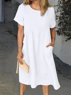 Women's Casual Dress Cotton Linen Dress Shift Dress Midi Dress Cotton Blend Basic Casual Daily Holiday Vacation Crew Neck Pocket Short Sleeve Summer Spring 2023 Loose Fit White Pink Blue Pure Color S