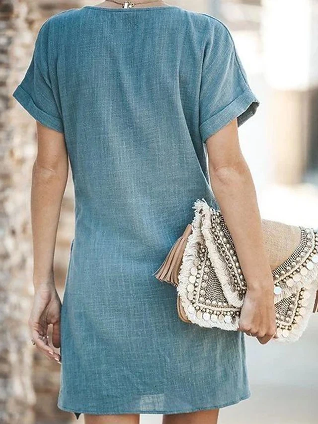 Women's Casual Dress Cotton Linen Dress Shift Dress Mini Dress Polyester Basic Classic Outdoor Daily Vacation V Neck V Neck Layered Short Sleeve Summer Spring 2023 Regular Fit Black Navy Blue Blue 4 Women's Casual Dress Cotton Linen Dress Shift Dress Mini Dress Polyester Basic Classic Outdoor Daily Vacation V Neck V Neck Layered Short Sleeve Summer Spring 2023 Regular Fit Black Navy Blue Blue - Image 4