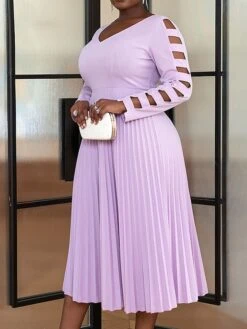Women's Plus Size Curve Party Dress Work Dress Swing Dress Plain Midi Dress Long Sleeve Pleated Cut Out V Neck Fashion Party Purple Fall Winter XL XXL 3XL 4XL -HAYz Clothing Shop rjiysx1694165772870