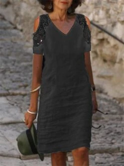 Women's Casual Dress Cotton Linen Dress Shift Dress Midi Dress Cotton Blend Basic Modern Outdoor Daily V Neck Lace Patchwork Short Sleeve Summer Spring 2023 Loose Fit Black White Pink Pure Color S M -HAYz Clothing Shop rjntdx1682566676414