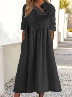 Women's Casual Dress Cotton Linen Dress Swing Dress Midi Dress Cotton Blend Basic Casual Outdoor Daily Crew Neck Ruched Button Half Sleeve Summer Spring 2023 Loose Fit Black White Pink Pure Color S M -HAYz Clothing Shop rjttzz1677826335540