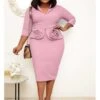 Women‘s Plus Size Curve Easter Dress Work Dress Solid Color Shirt Collar 3/4 Length Sleeve Spring Fall Work Elegant Casual Knee Length Dress Formal Dress