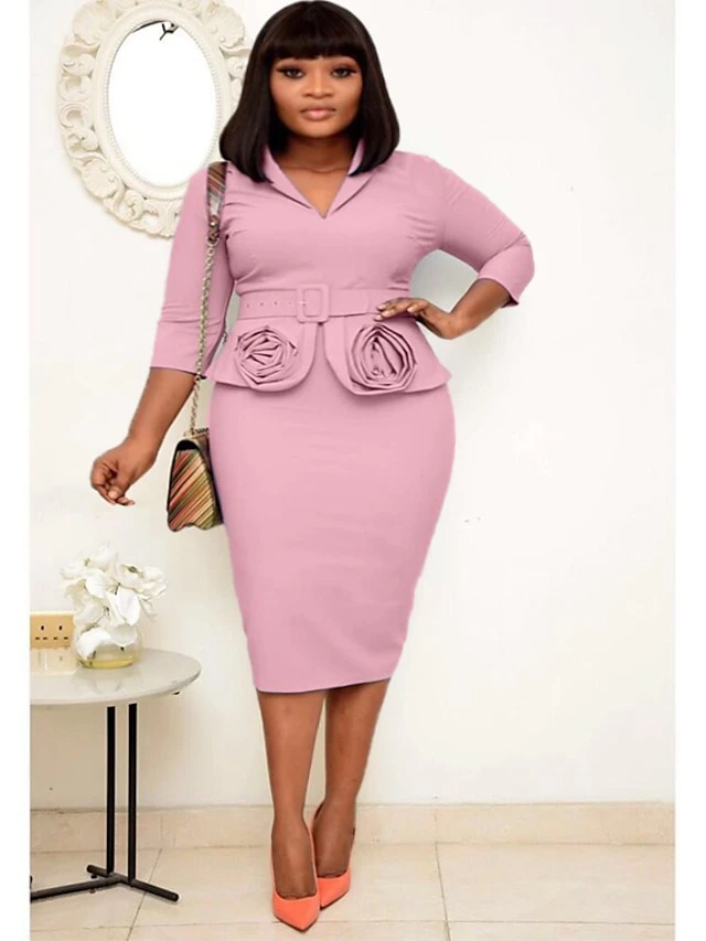 Women‘s Plus Size Curve Easter Dress Work Dress Solid Color Shirt Collar 3/4 Length Sleeve Spring Fall Work Elegant Casual Knee Length Dress Formal Dress 1 Women‘s Plus Size Curve Easter Dress Work Dress Solid Color Shirt Collar 3/4 Length Sleeve Spring Fall Work Elegant Casual Knee Length Dress Formal Dress