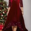 Women's Plus Size Curve Party Dress Wine Red Velvet Dress Sequin Dress Plain Long Dress Maxi Dress Half Sleeve Cut Out Plus High Low