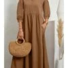 Women's Casual Dress Cotton Linen Dress Swing Dress Midi Dress White Pink Brown Half Sleeve Pure Color Ruched Fall Winter Autumn Crew Neck Casual Loose Fit 2023 S M L XL XXL