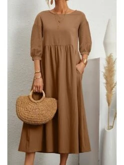 Women's Casual Dress Cotton Linen Dress Swing Dress Midi Dress White Pink Brown Half Sleeve Pure Color Ruched Fall Winter Autumn Crew Neck Casual Loose Fit 2023 S M L XL XXL
