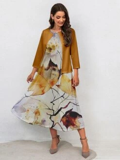 Women's Two Piece Dress Set Casual Dress Swing Dress Outdoor Office Fashion Streetwear Print Midi Dress Crew Neck 3/4 Length Sleeve Leaf Regular Fit Yellow Green Gray Fall Winter S M L XL XXL -HAYz Clothing Shop rkmvgw1697681153514
