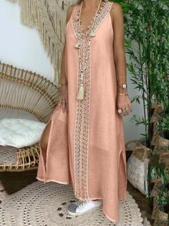 Women's Casual Dress Cotton Linen Dress White Dress Maxi Long Dress Polyester Lace Fashion Daily Weekend V Neck Lace Split Sleeveless Summer 2023 Loose Fit Lake Blue Black White Plain S M L XL 2XL -HAYz Clothing Shop rktwmn1686105102357