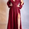 Women‘s Plus Size Curve Flattering Dresses Elegant Apple Shaped Dress Wedding Guest Party Dress Solid Color V Neck Split Long Sleeve Spring Fall Formal Prom Dress Maxi Long Dress Party Dress