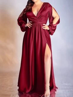 Women‘s Plus Size Curve Flattering Dresses Elegant Apple Shaped Dress Wedding Guest Party Dress Solid Color V Neck Split Long Sleeve Spring Fall Formal Prom Dress Maxi Long Dress Party Dress