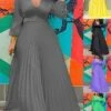 Women‘s Plus Size Curve Party Dress Swing Dress A Line Dress Solid Color Long Dress Maxi Dress Long Sleeve Pleated V Neck Elegant Party Black Yellow Fall Spring L XL XXL 3XL 4XL