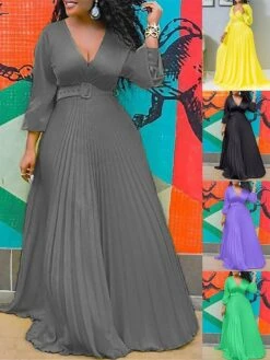 Women‘s Plus Size Curve Party Dress Swing Dress A Line Dress Solid Color Long Dress Maxi Dress Long Sleeve Pleated V Neck Elegant Party Black Yellow Fall Spring L XL XXL 3XL 4XL