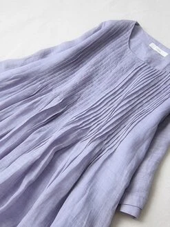 Women's Casual Dress Cotton Linen Dress Swing Dress Midi Dress Cotton Blend Basic Casual Outdoor Daily Crew Neck Ruched Pocket Short Sleeve Summer Spring 2023 Loose Fit White Pink Purple Plain M L XL -HAYz Clothing Shop rkyjeg1676278285327