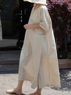 Women's Casual Dress Cotton Linen Dress Swing Dress Maxi Long Dress Cotton Blend Basic Casual Outdoor Daily V Neck Pocket 3/4 Length Sleeve Summer Spring Fall 2023 Loose Fit Blue Green Apricot Plain -HAYz Clothing Shop rlafyj1679554399274