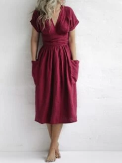 Women's Casual Dress Cotton Linen Dress A Line Dress Midi Dress Polyester Fashion Street Style Outdoor Daily Date V Neck Pocket Strappy Short Sleeve Summer Spring 2023 Regular Fit Pink Wine Brown