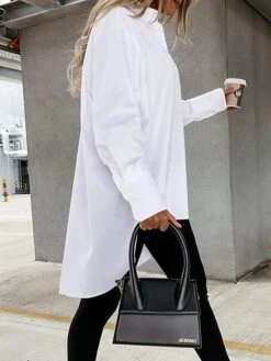 Women's Shirt Dress Casual Dress Mini Dress Outdoor Daily Vacation Cotton Fashion Modern Shirt Collar Button Split Long Sleeve Fall Winter 2023 Loose Fit Black White Blue Pure Color XS S M L XL -HAYz Clothing Shop rliynk1695813922536