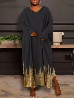 Women's Plus Size Curve Casual Dress Sweatshirt Dress Winter Dress Floral Gradient Long Dress Maxi Dress Long Sleeve Split Print V Neck Fashion Outdoor Black White Fall Winter L XL XXL 3XL 4XL -HAYz Clothing Shop rlkbdi1693387361021