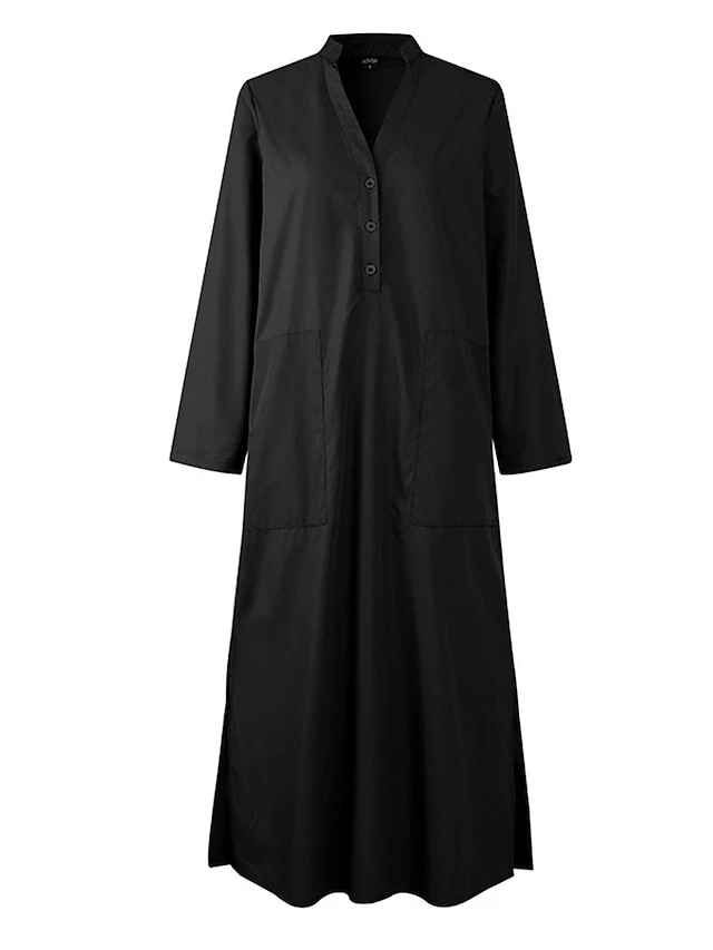 Women's Casual Dress Cotton Dress Shift Dress Maxi Long Dress Cotton Basic Classic Outdoor Daily Vacation V Neck Pocket Split Long Sleeve Spring Fall Winter 2023 Loose Fit Black Khaki Plain S M L XL 4 Women's Casual Dress Cotton Dress Shift Dress Maxi Long Dress Cotton Basic Classic Outdoor Daily Vacation V Neck Pocket Split Long Sleeve Spring Fall Winter 2023 Loose Fit Black Khaki Plain S M L XL - Image 4