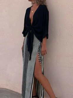 Women's Two Piece Dress Set Casual Dress Skirt Set Outdoor Daily Fashion Casual Lace Up Split Long Dress Maxi Dress V Neck 3/4 Length Sleeve Stripe Regular Fit Black Summer Spring S M L XL 9 Women's Two Piece Dress Set Casual Dress Skirt Set Outdoor Daily Fashion Casual Lace Up Split Long Dress Maxi Dress V Neck 3/4 Length Sleeve Stripe Regular Fit Black Summer Spring S M L XL -HAYz Clothing Shop rlvaan1690857253293