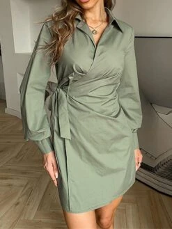 Women's Shirt Dress Casual Dress Sheath Dress Mini Dress Outdoor Daily Vacation Polyester Fashion Modern Shirt Collar Lace Up Long Sleeve Spring Fall Winter 2023 Regular Fit ArmyGreen Black White -HAYz Clothing Shop rlvhrz1695027661513
