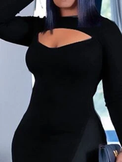Women's Plus Size Curve Party Dress Bodycon Sheath Dress Plain Long Dress Maxi Dress Long Sleeve Mesh Cut Out Crew Neck Fashion Party Black Fall Winter L XL XXL 3XL 4XL -HAYz Clothing Shop rlvkbs1694151477691